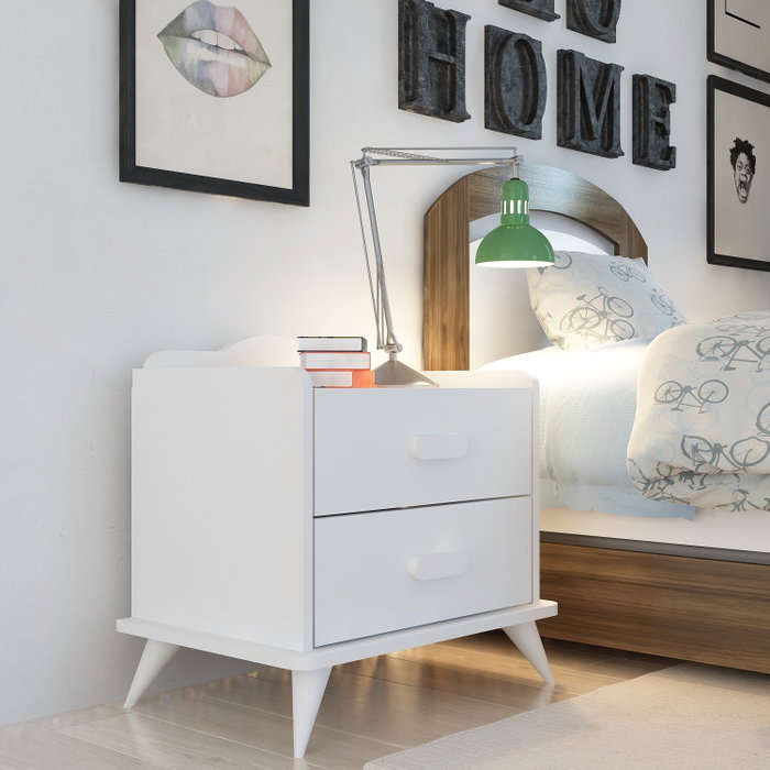 Hanah Home Mesilla de Noche Blanca con 2 Cajones, Moderna y Elegante, Mueble Auxiliar Dormitorio 60x58.6x42.1 cm